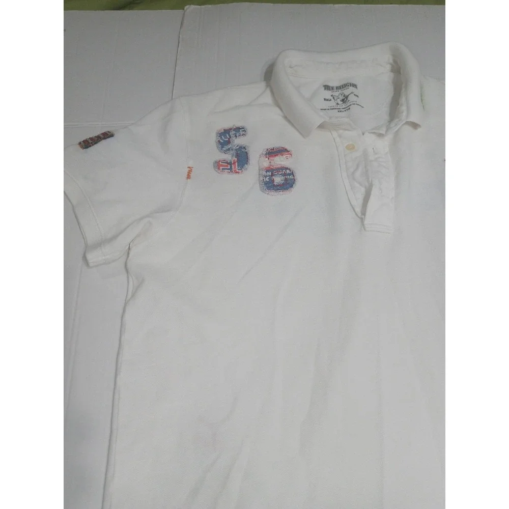 True Religion Vintage Y2K Polo Shirt Mens XXL White Buddha 56 World Tour Graphic